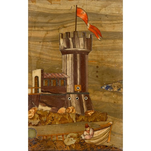 An Italian Florentine marble, hard stones and pietre tenere panel of the the Gran Ducal workshop, depicting a part of a tower fortification sea with a  red  flag  and a small boat with a figure.